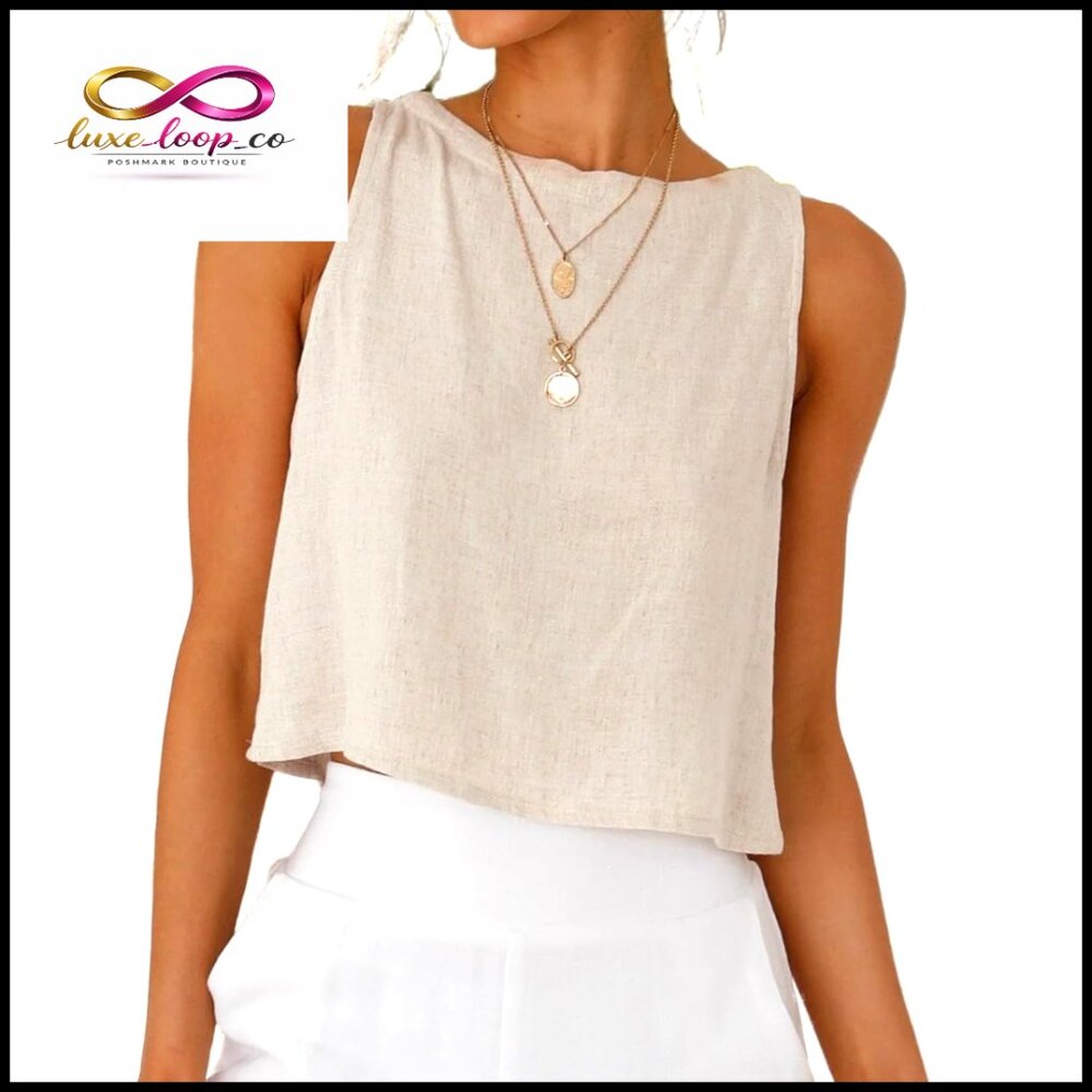 Linen Blend Crop Tank Top High Neck Sleeveless Casual Summer Beach